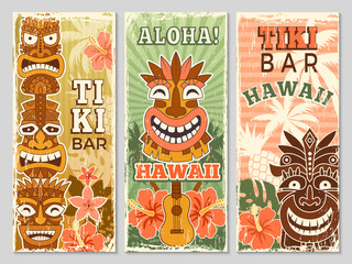 Hawaii retro banners. Aloha tourism summer adventure dancing party in tiki bar tribal masks vector illustration. Aloha hawaii, tribal tiki bar, exotic hawaiian adventure