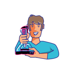 young boy using video game joystick control