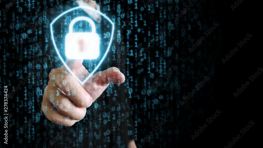 Poster 3d rendering of soft glow blue shield and binary number and businessman pointing. concept of busines