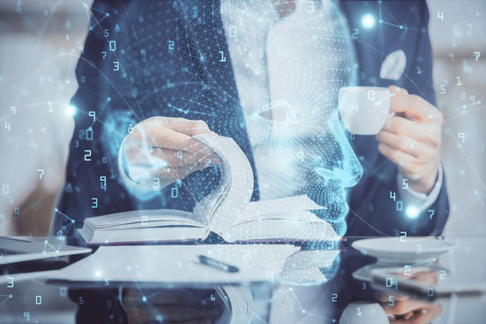 Brain multi exposure icon with man hands background.