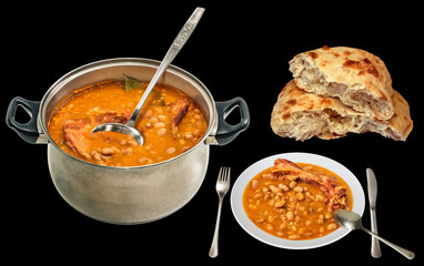 Traditional Gourmet Baked Beans Served with Domestic Pita Leavened Flatbread Isolated on Black Background
