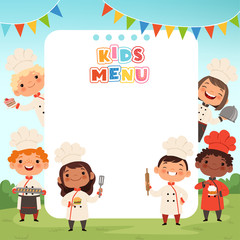 Naklejka premium Children cooking background. Little kids chef making food teenage boys and girls professional people cooking. Boy and girl cooking dinner illustration