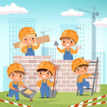 Construction Background. Little Kids Making Some Work At Construction Build House Vector Cartoon Background. Build Construction Kids, Work Engineering Illustration