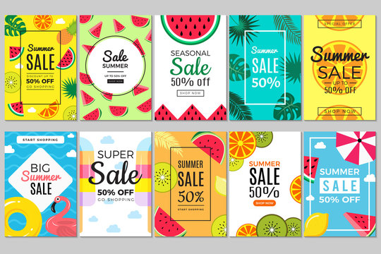 Summer banners. Tropical colored vacation pictures flyer cards with watermelon and flamingos, swimming circle and parasol for summer promotion sales vector template set
