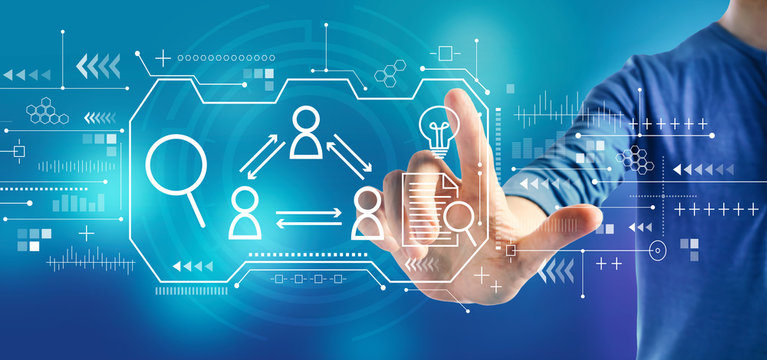 Human resources theme with a man on a blue background