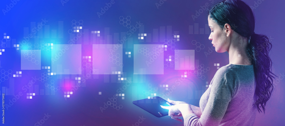 Poster digital square boxes with business woman using a tablet computer