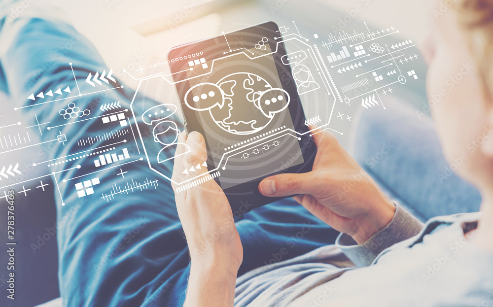 Poster learning language concept with man using a tablet in a chair