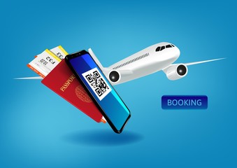 Go Travel Booking Concept with a Passenger Plane Mobile Ticket for Web and App.
