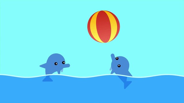 Two cute baby dolphin playing with colorful ball. 2D cycle animation made in 4K, loopable clip with alpha channel. Copy space