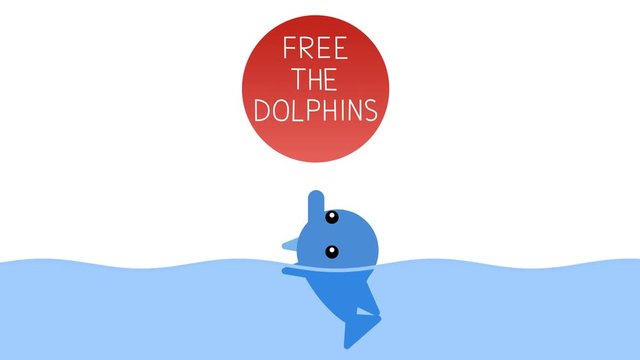 Baby dolphin playing with red ball protesting with a sign. Ball with lettering Free the dolphins. 2D cycle animation made in 4K, loopable clip with alpha channel. Copy space