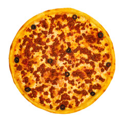 Pizza with cheese and minced meat on a white isolated background. Top view.