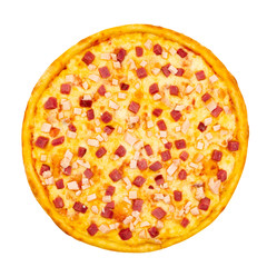 Pizza with cheese, sausage and chicken meat on a white isolated background. Top view.