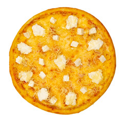 Pizza with cheese on a white isolated background. Top view