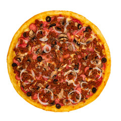 Pizza with cheese, mushrooms, minced meat and vegetables on a white isolated background. Top view