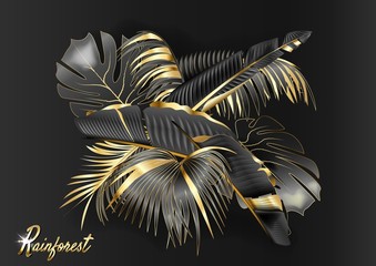 circle banner with black and gold tropical leaves on dark background. Cosmetics, spa, perfume, beauty salon, travel agency, florist shop. Rainforest.