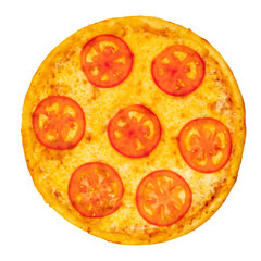 Pizza with cheese and tomatoes on a white isolated background. Top view