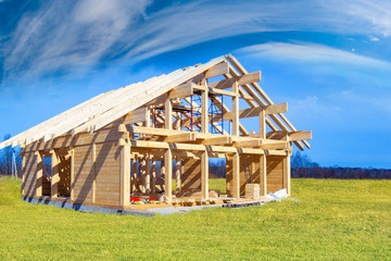 Construction of cottages. Construction site. House from laminated veneer timber. Remodeling of the...