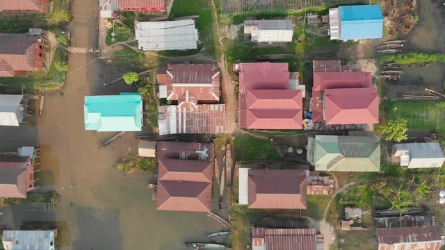 Aerial Drone Top Down Canals Between Stilt Houses, Village At Inle Lake Myanmar