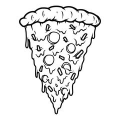 Hand drawn illustration of cut of pizza isolated on white background. Design element for poster, card, banner, t shirt, emblem, sign. Vector illustration