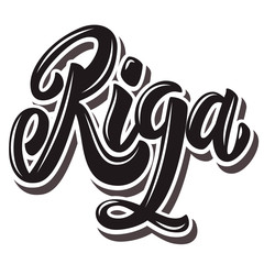 Riga (capital of Latvia ).  Lettering phrase on white background. Design element for poster, banner, t shirt, emblem. Vector illustration