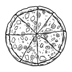 Illustration of pizza on white background. Design element for poster, banner, t shirt, emblem. Vector illustration