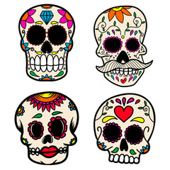 Set of hand drawn mexican sugar skull isolated on white background. Design element for poster, card, banner, t shirt, emblem, sign. Vector illustration