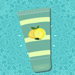 Lemon skin cream. Package design with stripes and logo on blue background with pattern. - Vector