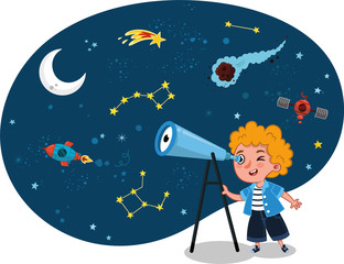 Science loving kid observes space on his telescope. Vector illustration.