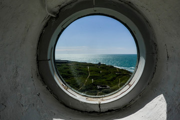 Hirtshals, Denmark A view from a lighthouse window over the North Sea coast and sand dunes.