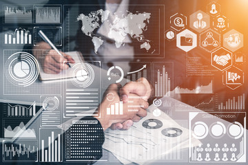 Big Data Technology for Business Finance Analytic Concept. Modern graphic interface shows massive...