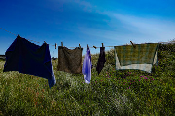 Hirtshals, Denmark Laundry drying on a clothes line outside a summer cottage.