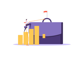 Fototapeta premium Concept of career, professional growth, coaching, career planning, career development, and team work. Businessman and employee on the stairs go to the goal. Vector illustration in flat design