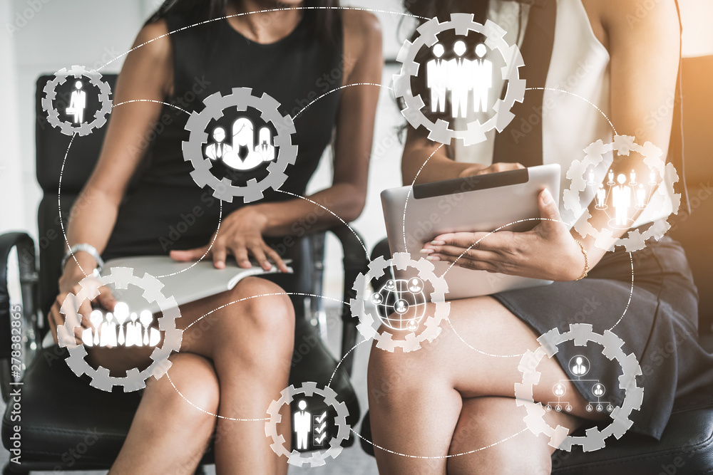 Poster human resources recruitment and people networking concept. modern graphic interface showing professi