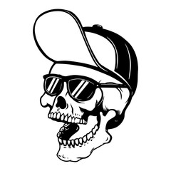 Skull in baseball cap and sun glasses. Design element for poster, t shirt, card, banner, emblem, sign. Vector illustration