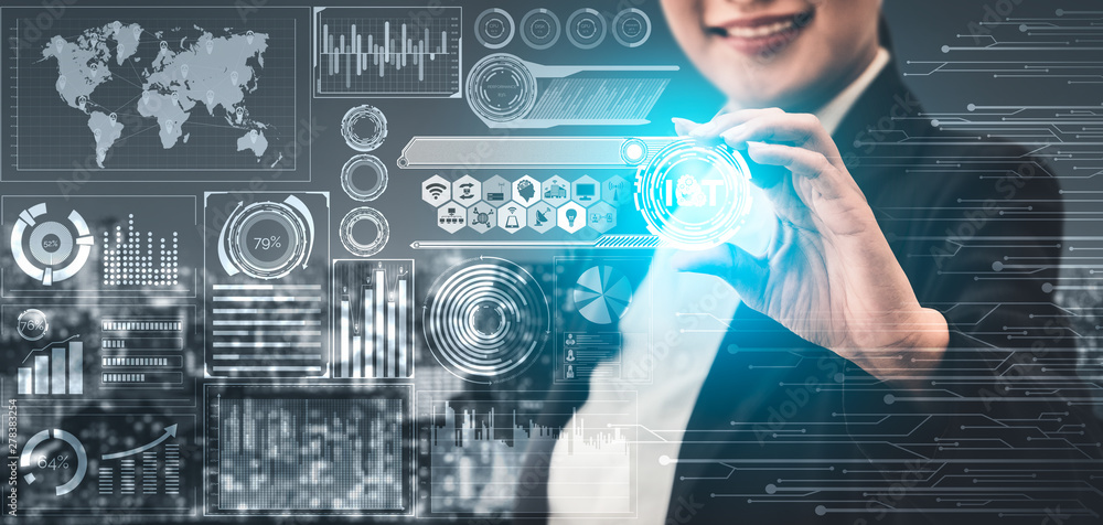 Poster internet of things and communication technology concept - modern graphic interface showing smart inf