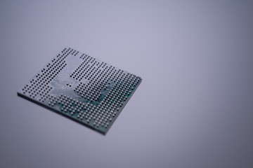 Close up levitation of Semiconductor BGA IC microchip on white isolated background