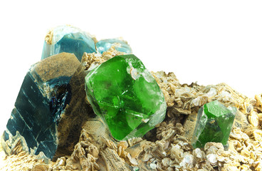 Smoky Quartz, blue Topaz, green Fluorite on Quartzite material