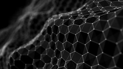 Futuristic black hexagon background. Futuristic honeycomb concept. Wave of particles. 3D rendering. Data technology background