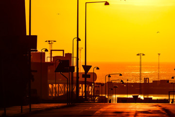 Hirtshals Denmark Sunrise over the Main Street and the North Sea.
