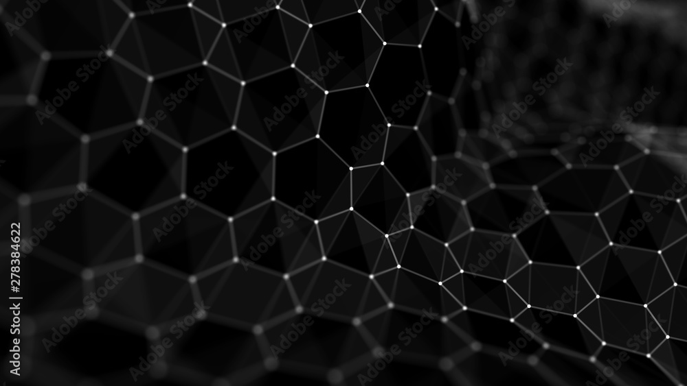 Poster futuristic black hexagon background. futuristic honeycomb concept. wave of particles. 3d rendering. 