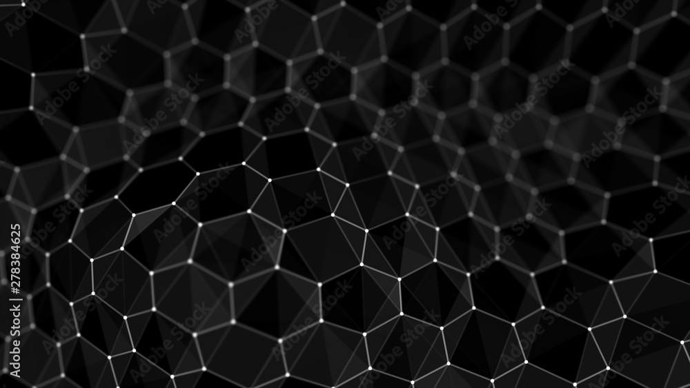 Poster futuristic black hexagon background. futuristic honeycomb concept. wave of particles. 3d rendering. 