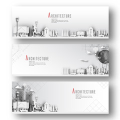Set of horizontal banners with architectural and Blueprint background.