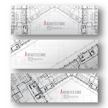 Set of horizontal banners with architectural and Blueprint background.