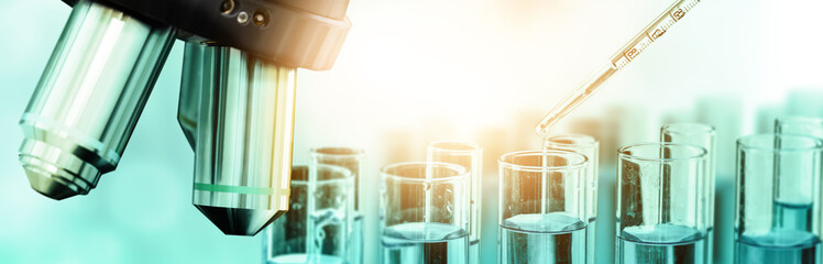 Research and development concept. Double exposure image of scientific and medical lab instrument,...