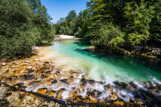 View on river Savica close to Bohinj lake and small city Ukanc. Slovenia, Europe