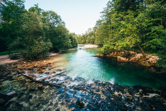View on river Savica close to Bohinj lake and small city Ukanc. Slovenia, Europe