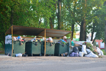 Large dump near garbage cans