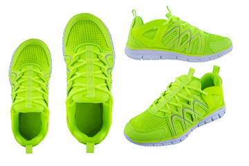 Sneakers bright green.. Sport shoes on a white background top view