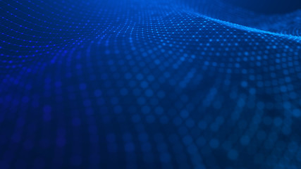Naklejka premium Wave 3d. Wave of particles. Abstract Blue Geometric Background. Big data visualization. Data technology abstract futuristic illustration. 3d rendering.