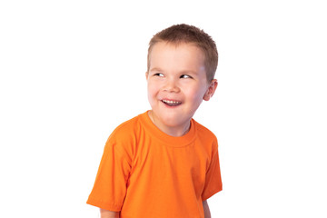 Little cute boy making funny faces, isolated on white background